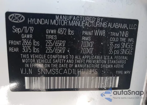 2020 Hyundai Santa Fe Sel из США, поврежденный, VIN 5NMS3CAD1LH172335